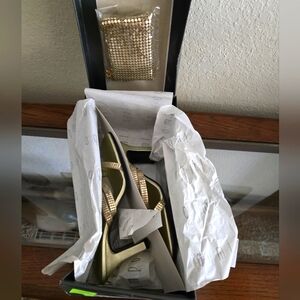 NEW Impo gold strappy heels and matching mini clutch.
